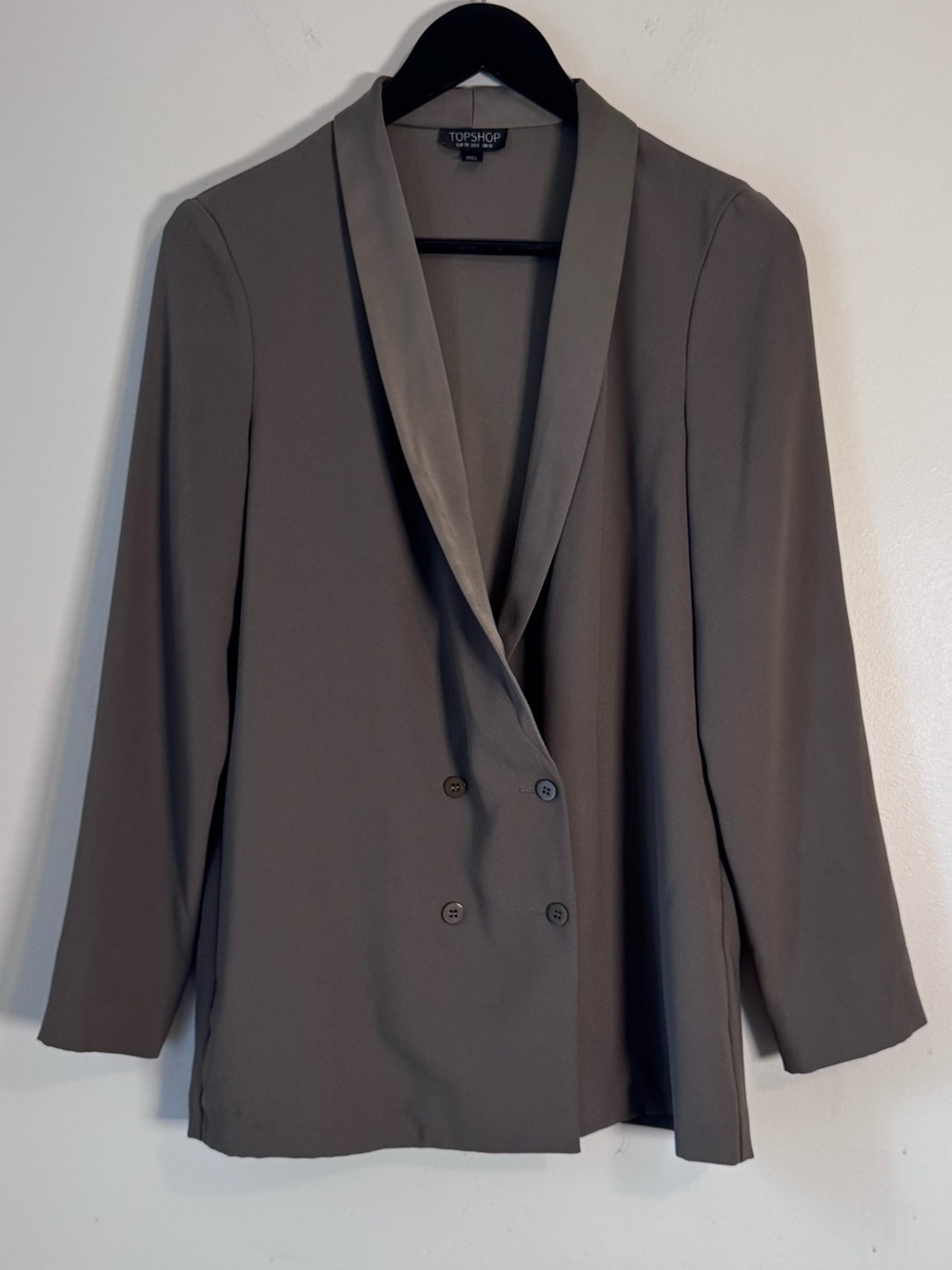 Topshop Olive Green Double-Breasted Blazer with Satin Lapel Size Small